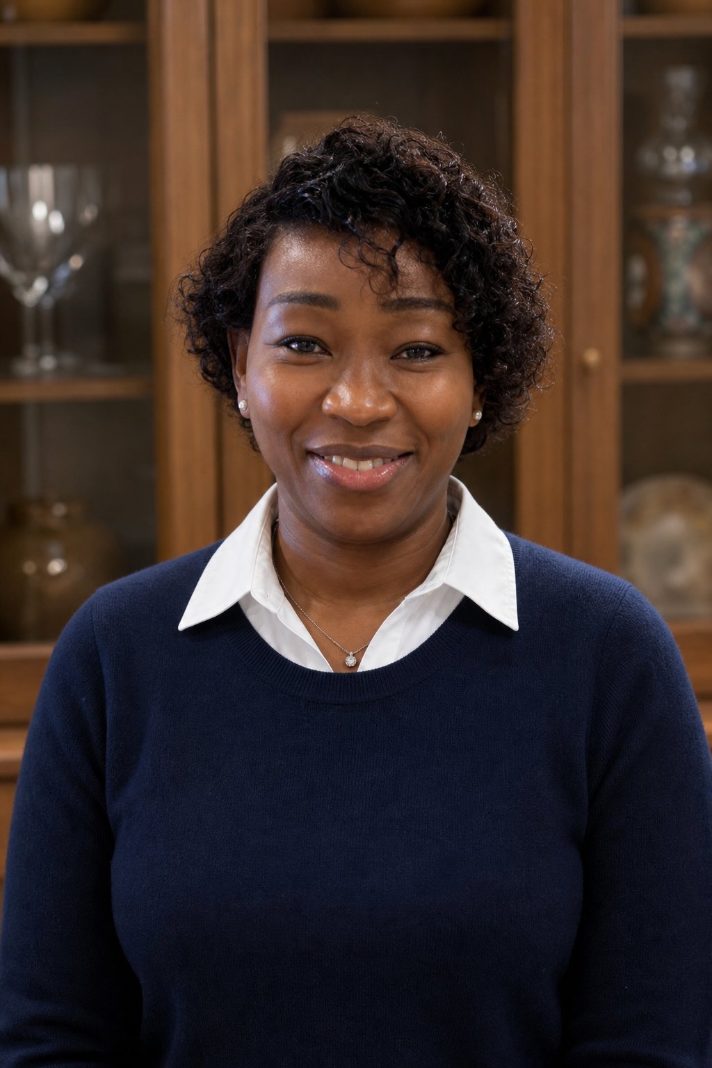 Omolola Aragbaye, wearing a navy sweater over a white collared shirt